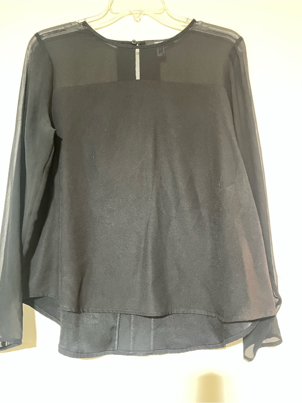 Sheer Overlay Long-Sleeve Blouse - Black